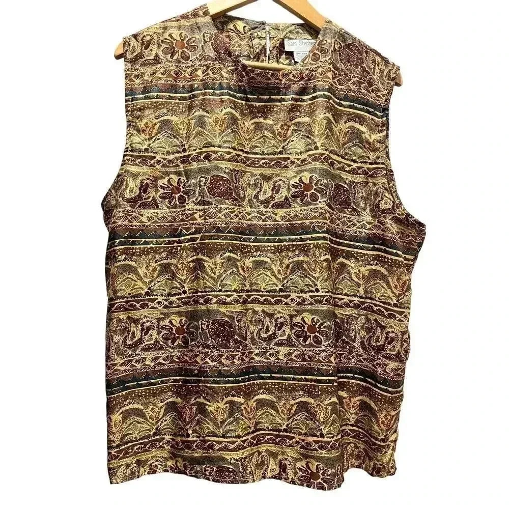 Sara Stephen Vintage Womens Multicolor Granola 100% Silk Sleeveless Blouse Large